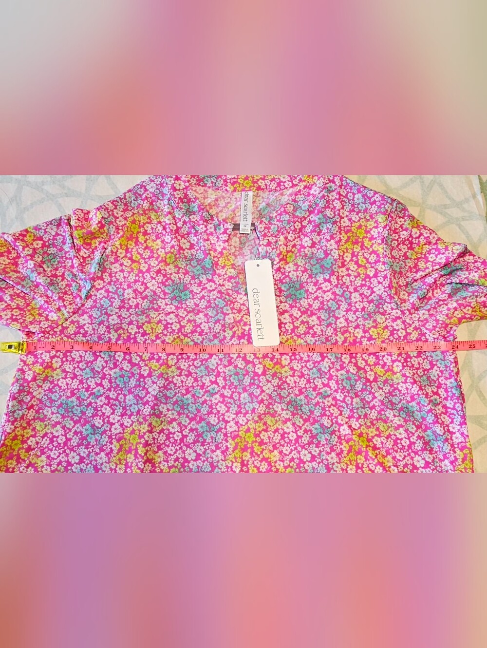 Dear Scarlett Lizzy Relaxed Flowy V-Neck Pink Floral Roll-Tab Tunic Size 2X NWT - Picture 8 of 9
